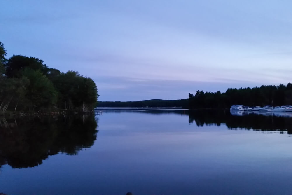 dark green reflection of the shoreline trees in completely still and flat water